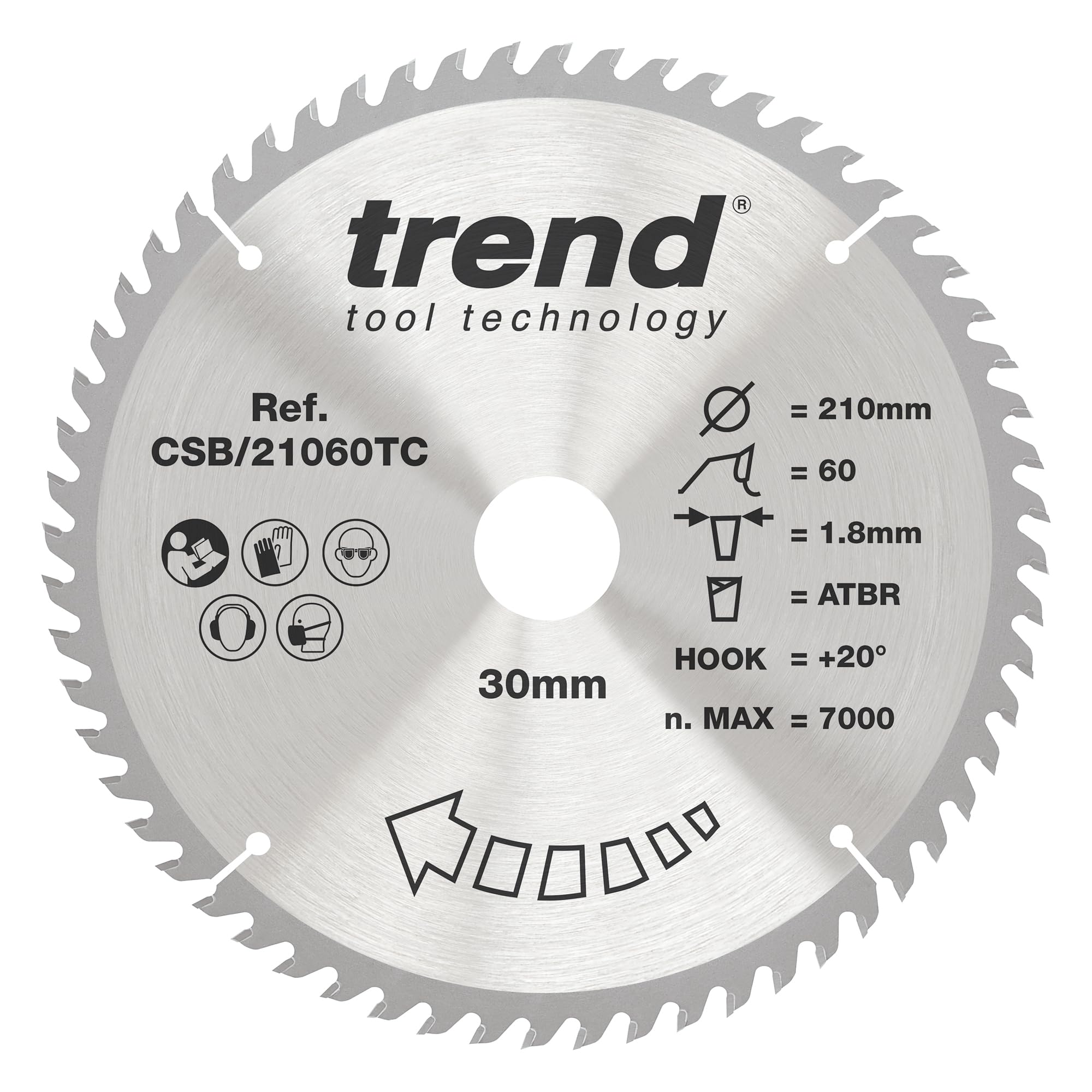 Trend Wood Cordless ATBR Circular Saw Blade, 210mm Diameter, 30mm Bore, 60 Teeth, 1.8mm Kerf, +20° Hook, TCT, Extra-Fine Finish, CSB/21060TC