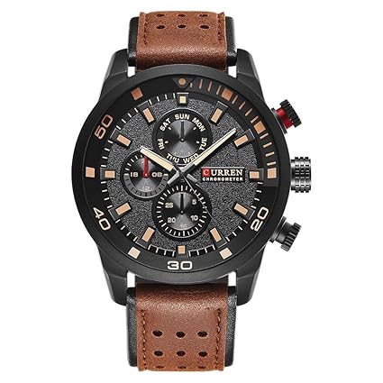 CURREN Sports Leather Big Dial Waterproof Analogue Quartz Movement Cofee Black Mens Watch (M8250)