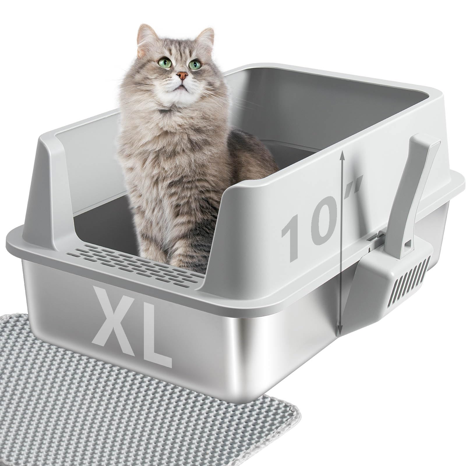 EGMEHOAD XL Stainless Steel Cat Litter Box with Lid,Metal Litter Box High Sides for Big/Multiple Cats,Open Design,Indoor,1-Mat and 1-Scoop,Easy to Clean, No Odor,Anti-Urine Leakage Image