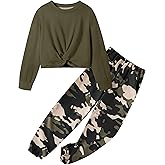 NECIOUS Girls Fall Outfits 2 Piece Fashion Twist Front Pullover Sweatshirt and Camo Pants Clothing Sets 5-14Y