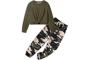 NECIOUS Girls Fall Outfits 2 Piece Fashion Twist Front Pullover Sweatshirt and Camo Pants Clothing Sets 5-14Y