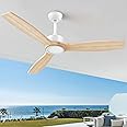 REDIAMS 52" Wood Ceiling Fan with Lights Remote Control,Indoor/Outdoor Modern Ceiling Fan,3 Reversible Natural Wood Blades,6-Speed with Timer,Quiet DC Motor,Dimmable Lights, for Bedroom PatioPorch