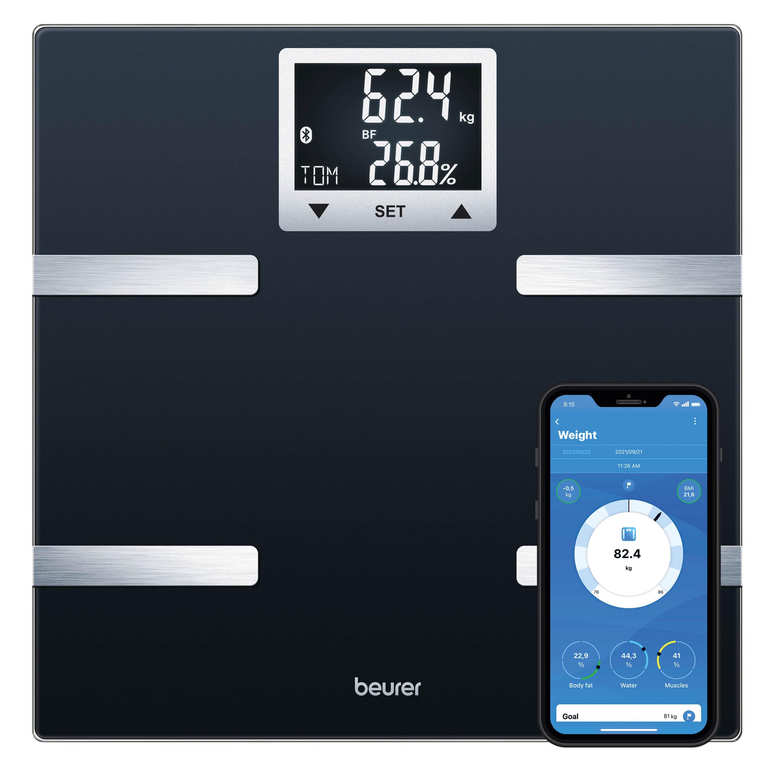 Beurer BF720 Body Analsis Scale with Bluetooth(R) | Connection to free smartphone app | Determination of body weight, body fat, muscle percentage and calorie requirement AMR/BMR
