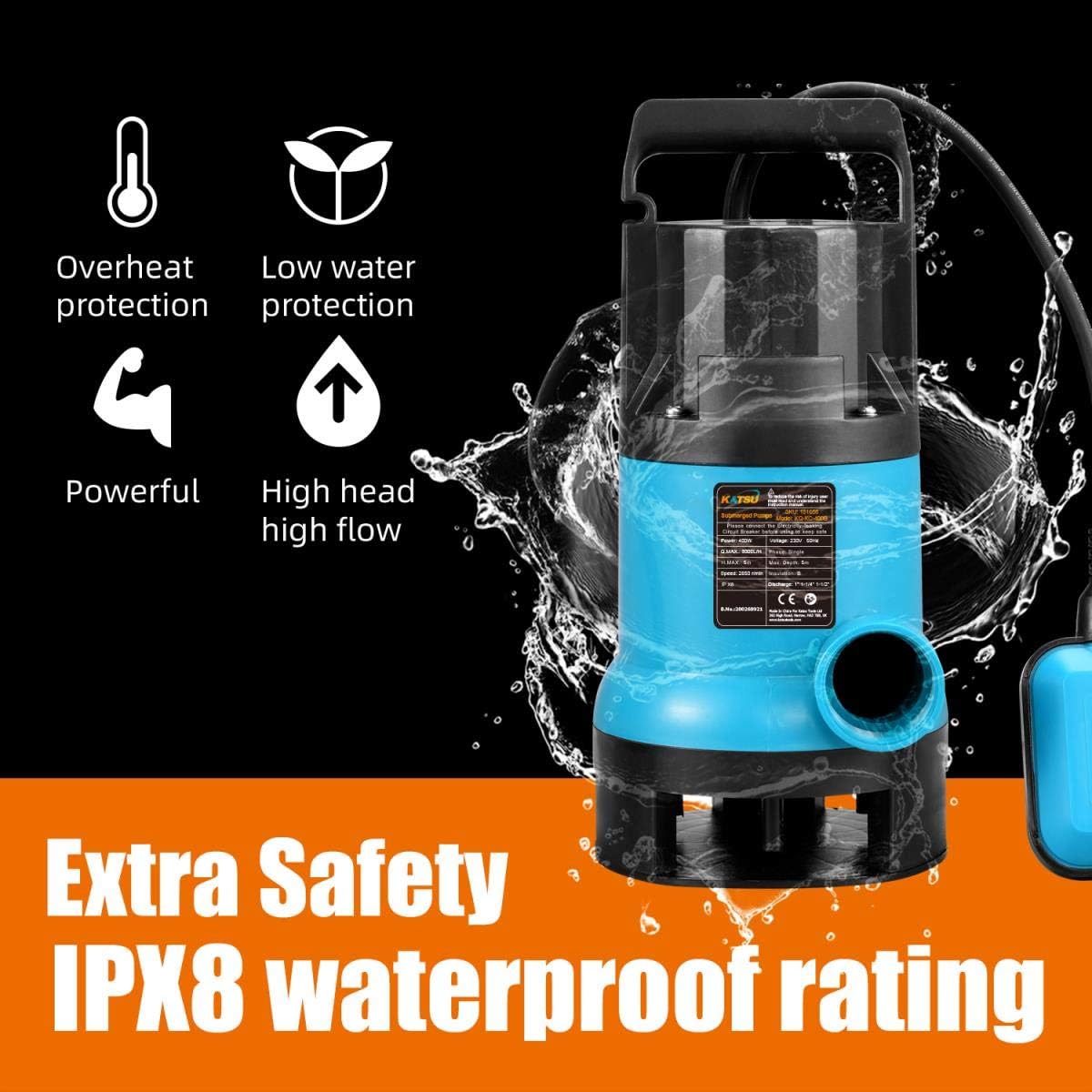 KATSU 750W Portable Submersible Pump for Clean and Dirty Water for Garden Pond Pools, Ditches + Float Switch - Image 4