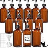 TBWIND 12 Pack Amber Glass Bottles 16oz with Pump Dispensers, Refillable Empty Pump Bottles for Bathroom, Kitchen, Shampoo, Soap, Lotion – Includes 2 Funnels & 12 Labels