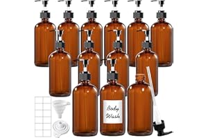 TBWIND 12 Pack Amber Glass Bottles 16oz with Pump Dispensers, Refillable Empty Pump Bottles for Bathroom, Kitchen, Shampoo, Soap, Lotion – Includes 2 Funnels & 12 Labels