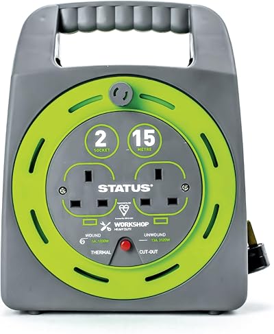 Status 15 Metre Extended Reach Outdoor Power Cable Reel Dual Socket