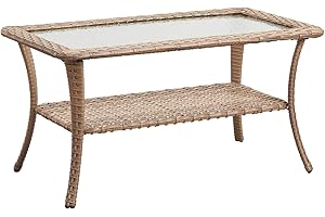 Rilyson Patio Tables Outdoor Coffee Table - Wicker Rattan Coffee Tables with 2-Tier Storage Shelf Glass Top for Outside Proch Deck Balcony Garden Rectangle Yellow