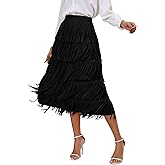 ODIZLI Midi Skirts for Women Spring Boho High Waist Tassel Fringe Layered Skirt A Line Skirts