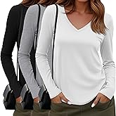 Sweetyweee 3 Pack Women's Long Sleeve Shirts Cotton V Neck Casual Tops Roll Hem Lightweight Basic Tee Soft 2026 Trendy Outfit