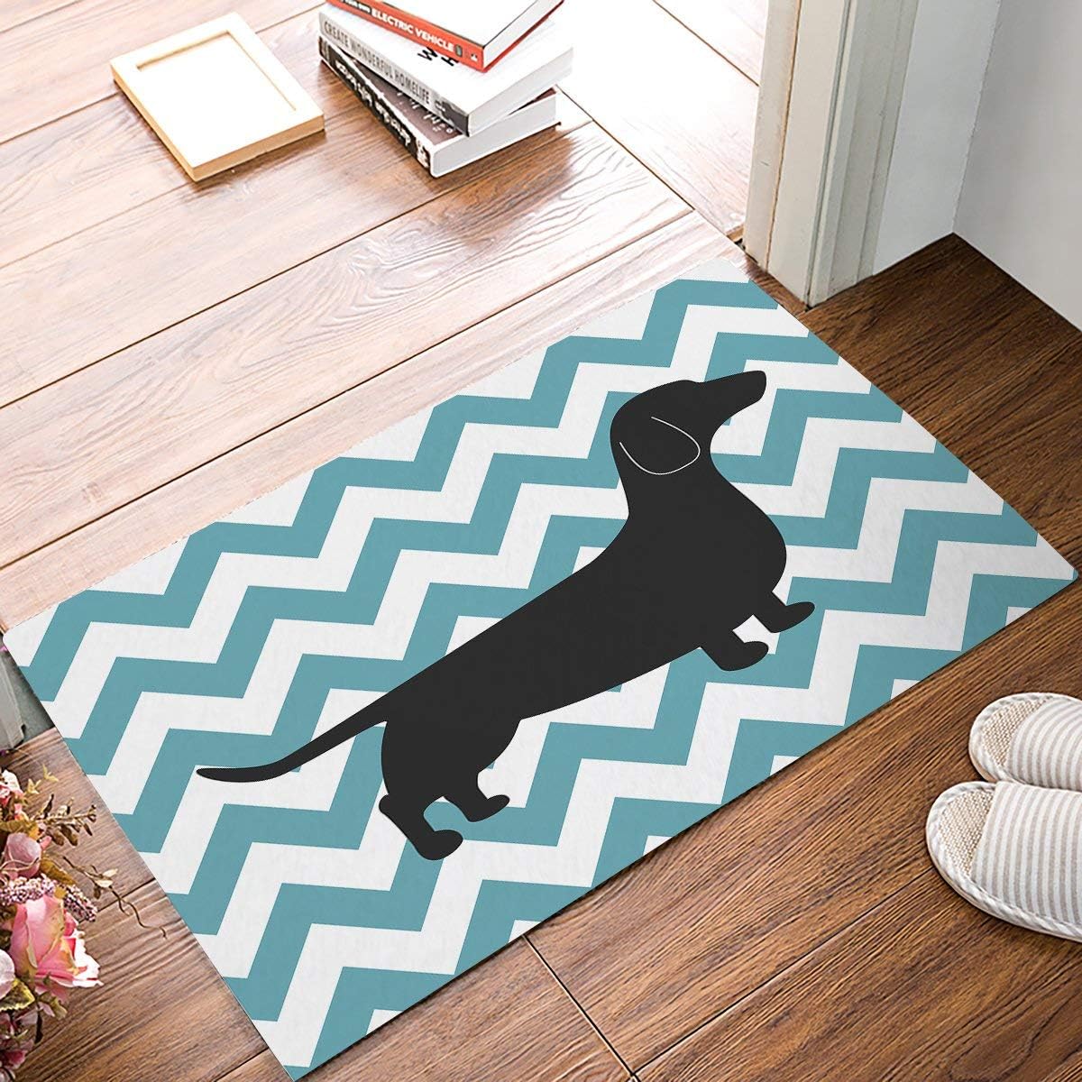 SIMIGREE 32 x 20 Inch Blue and White Chevron Dachshund Door Mats Kitchen Floor Bath Entrance Rug Mat Absorbent Indoor Bathroom Decor Doormats Rubber Non Slip