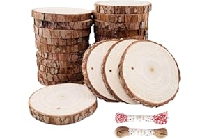 WILLIAM CRAFT Unfinished Natural Wood Slices 25 Pcs 3.1-3.5 inch Wood Coaster Pieces Craft Wood kit Predrilled with Hole Wooden Circles Great for Arts and Crafts Christmas Ornaments DIY Crafts Rustic Wedding