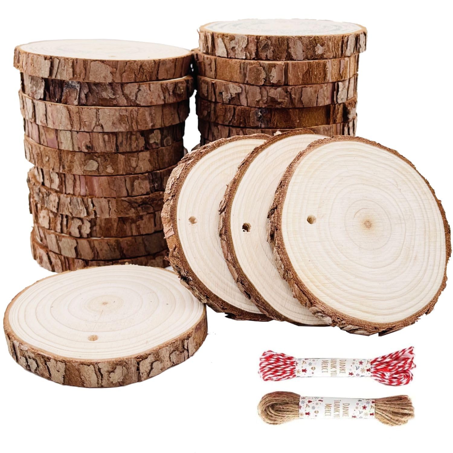 Unfinished Natural Wood Slices 25Pcs 8-9 cm Wood Coaster Pieces Craft Wood kit Predrilled with Hole Wooden Circles Great for Arts and Crafts Christmas Ornaments DIY Crafts Rustic Wedding