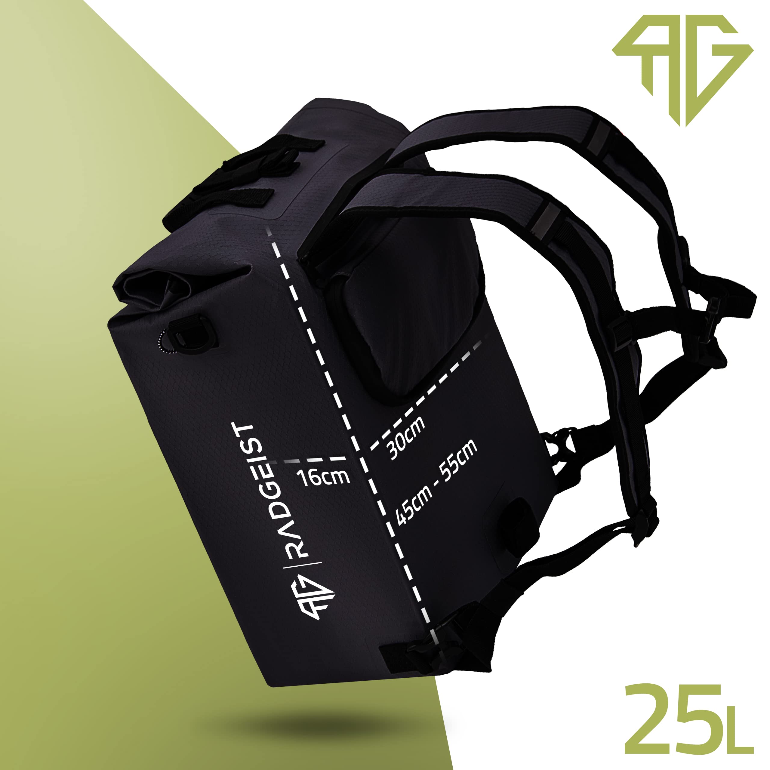 RADGEIST 3in1 Fahrradtasche für Gepäckträger - Fahrrad Rucksack - Gepäckträgertasche mit Reflektoren - Umhängetasche - mit Laptopfach - 100% wasserdichte Tasche- 25L - schwarz 7
