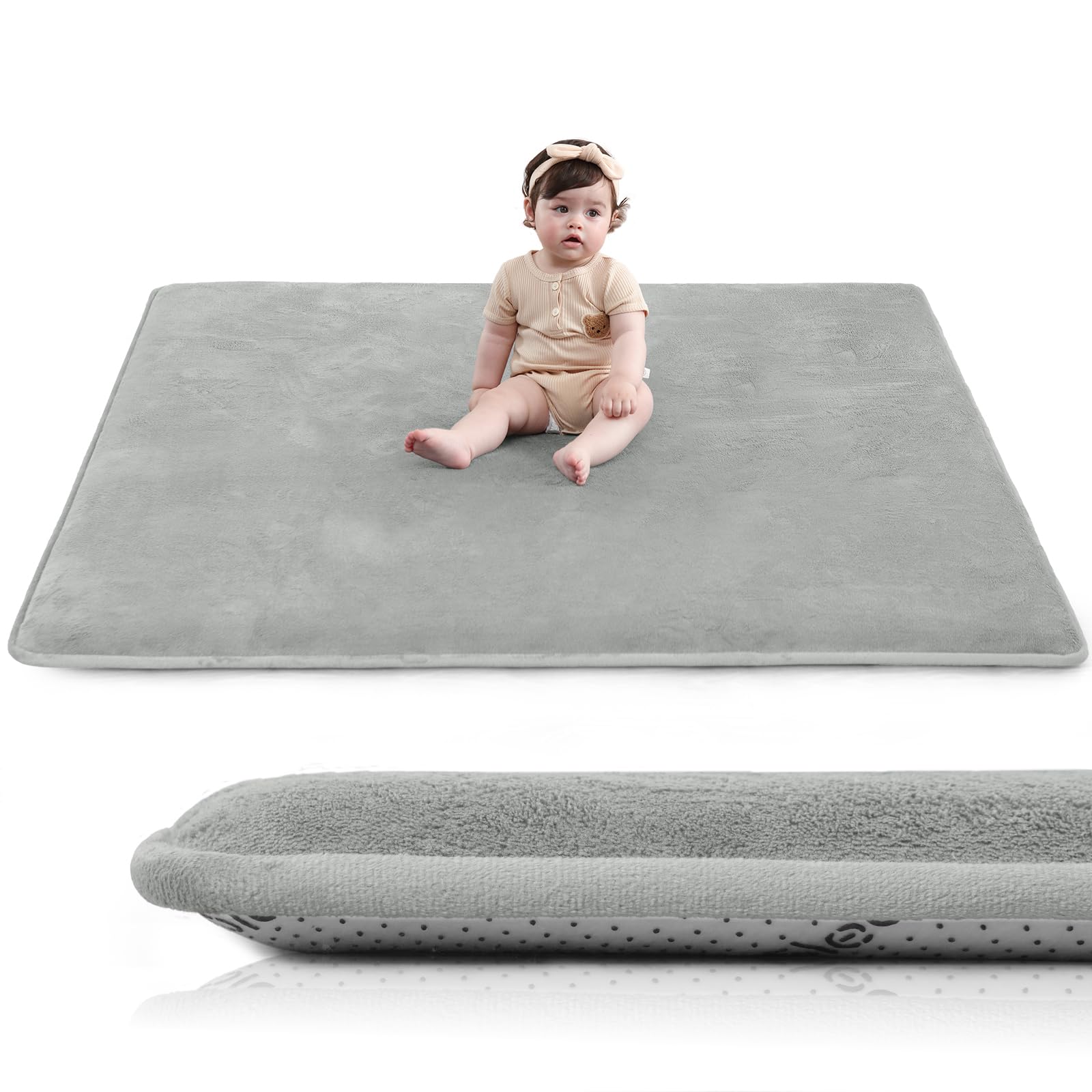 Photo 1 of Huloo Sleep Baby Play Mat for Floor,1.3" Thick Elasti-Foam 50"×50" Playpen Mat for Tummy Time,Water Repellent Soft Coral Velvet for Toddler,Infant,Kids,Non-Slip Backing Safe for Crawling(Light Grey)