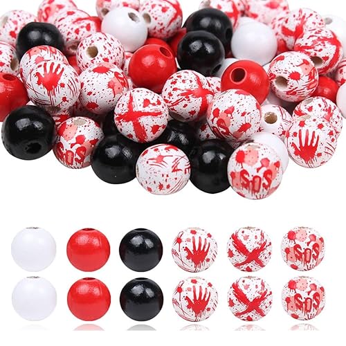 180 Pcs Halloween Beads, Red & Black Wooden Beads for Crafts Jewelry Making, Blood Splatter Ghost Bead DIY Halloween Bracelets Party Hanging Decoration