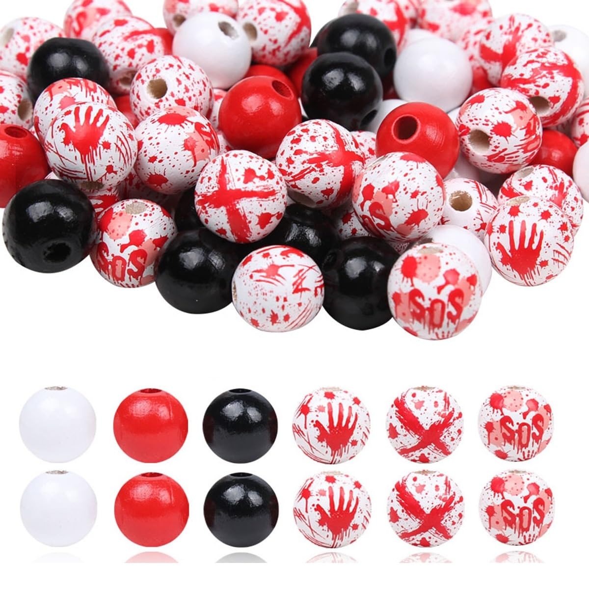 View 1 of ?180 Pcs Halloween Beads, Red & Black Wooden Beads for Crafts Jewelry Making, Blood Splatter Ghost Bead DIY Halloween Bracelets Party Hanging Decoration