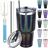 GUDEMAO 30 oz Tumbler with Lids and Straws, Stainless Steel Insulated Coffee Tumbler, Double Wall Vacuum Insulated Travel Mug Cup, Leakproof Thermal Coffee Cup for Hot and Cold Drinks (Glitter Black)