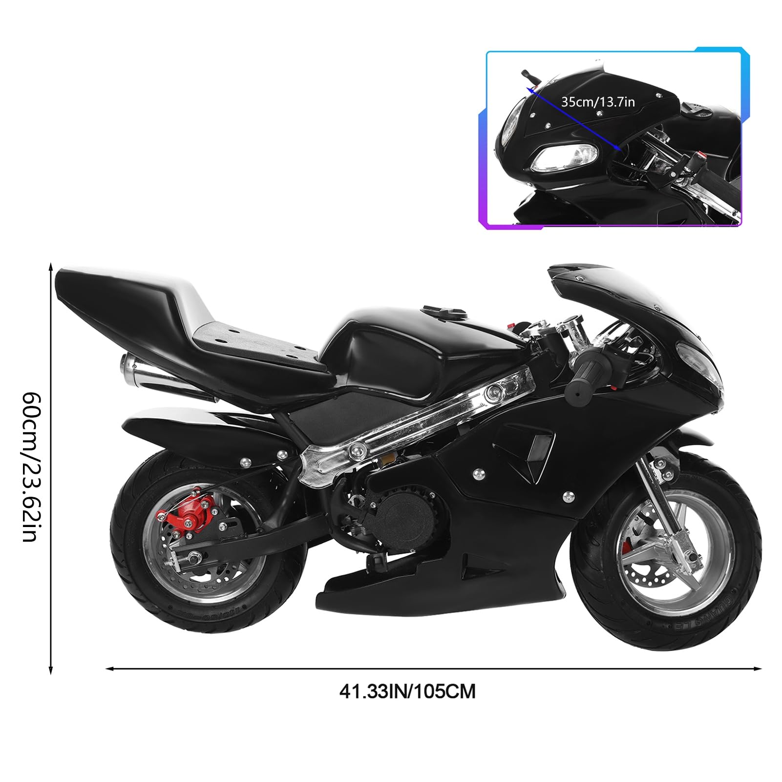 Mini Motorcycle,49cc 2 Stroke Mini Gas Pocket Bike,High Brightness Dual Headlights Rubber Handlebar Fashionable Appearance Front and Rear Disk Brakes Toy Pocket Gas Motorbike,for Kids&Youth Black