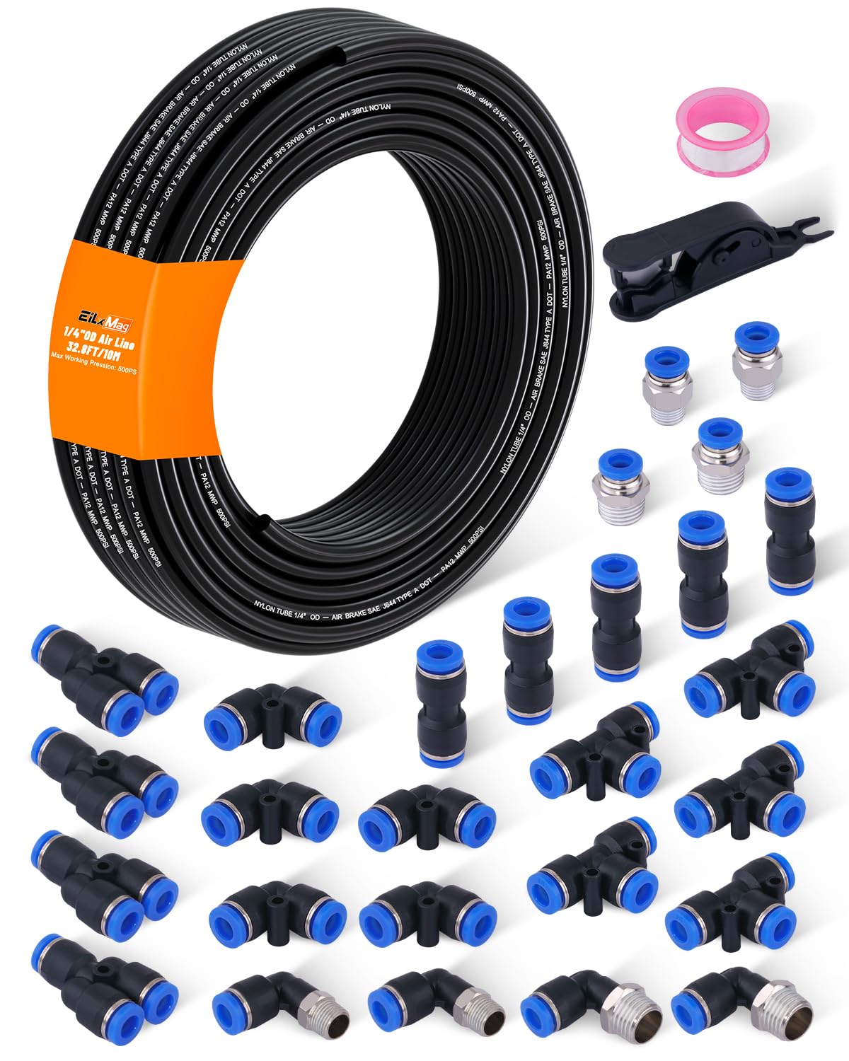 Photo 1 of EilxMag 1/4" Air Line Tubing Kit, 32.8FT(10M) SAE J844 PA Nylon Air Hose Tubing with Cutter and Teflon Tape, 1/4" Air Hose with Push to Connect Fittings for Air Brake System Or Fluid Transfer(30PCS)
