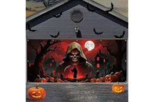 BEAUTE ELITE 7x16ft Halloween Garage Door Cover, Holiday Decorations for Double Doors, Outdoor Decorations for Parties & Photography Background (Grim Reaper)