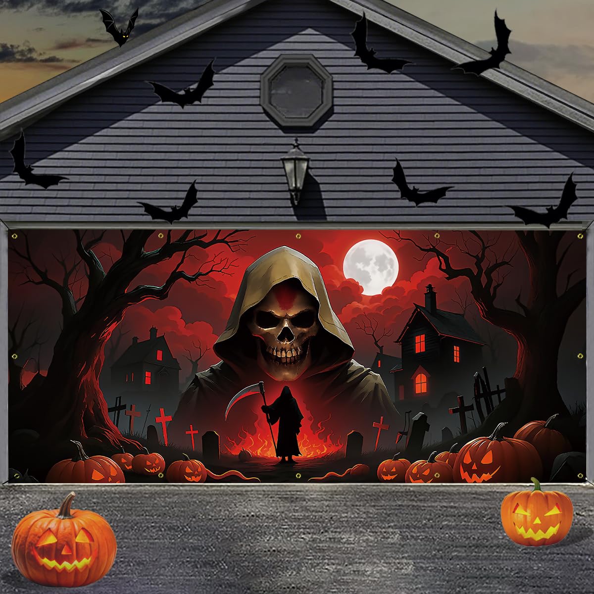 Photo 1 of 7x16ft Halloween Garage Door Cover, 2025 Holiday Decorations for Double Doors, Outdoor Decorations for Parties & Photography Background (Grim Reaper)
