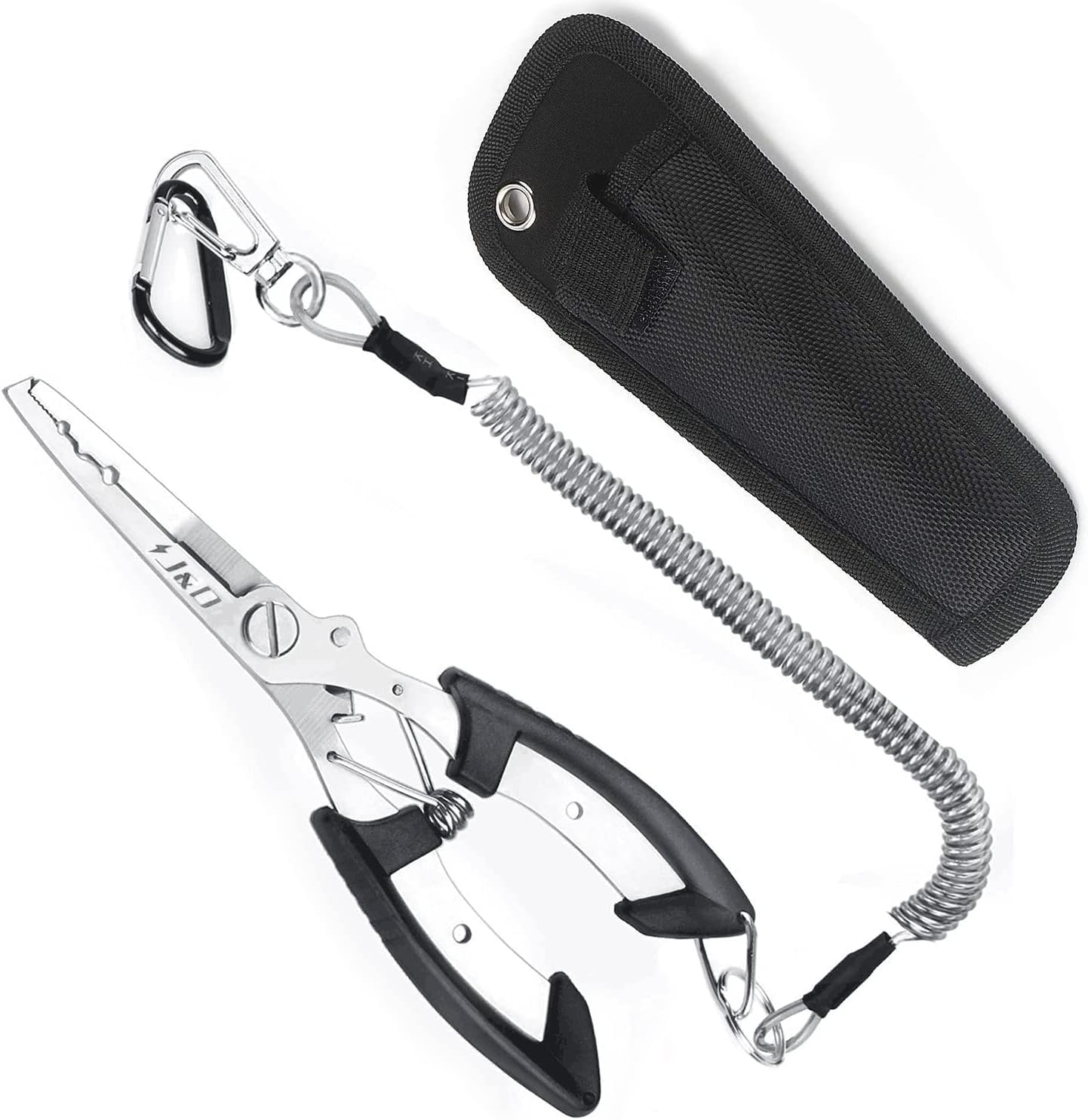 J&D Fishing Pliers Multi-Functional Lightweight Stainless Steel Hook Remover Tool with Safety Coiled Lanyard