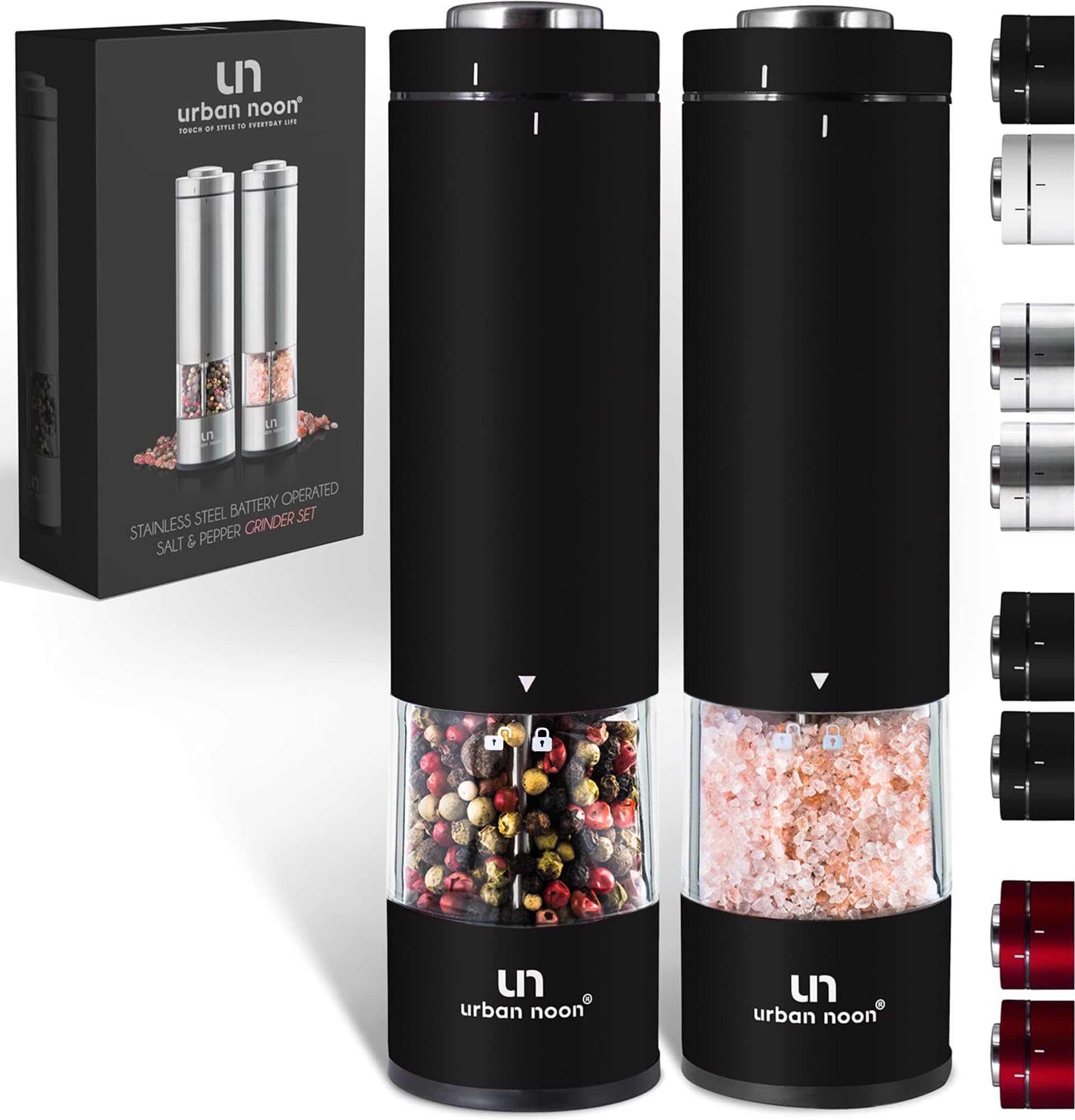 Photo 1 of Electric Salt and Pepper Grinder Set - Battery Operated Stainless Steel Mill with Light (2 Black Mills) - Automatic One Handed Operation - Electronic Adjustable Shakers - Ceramic Grinders