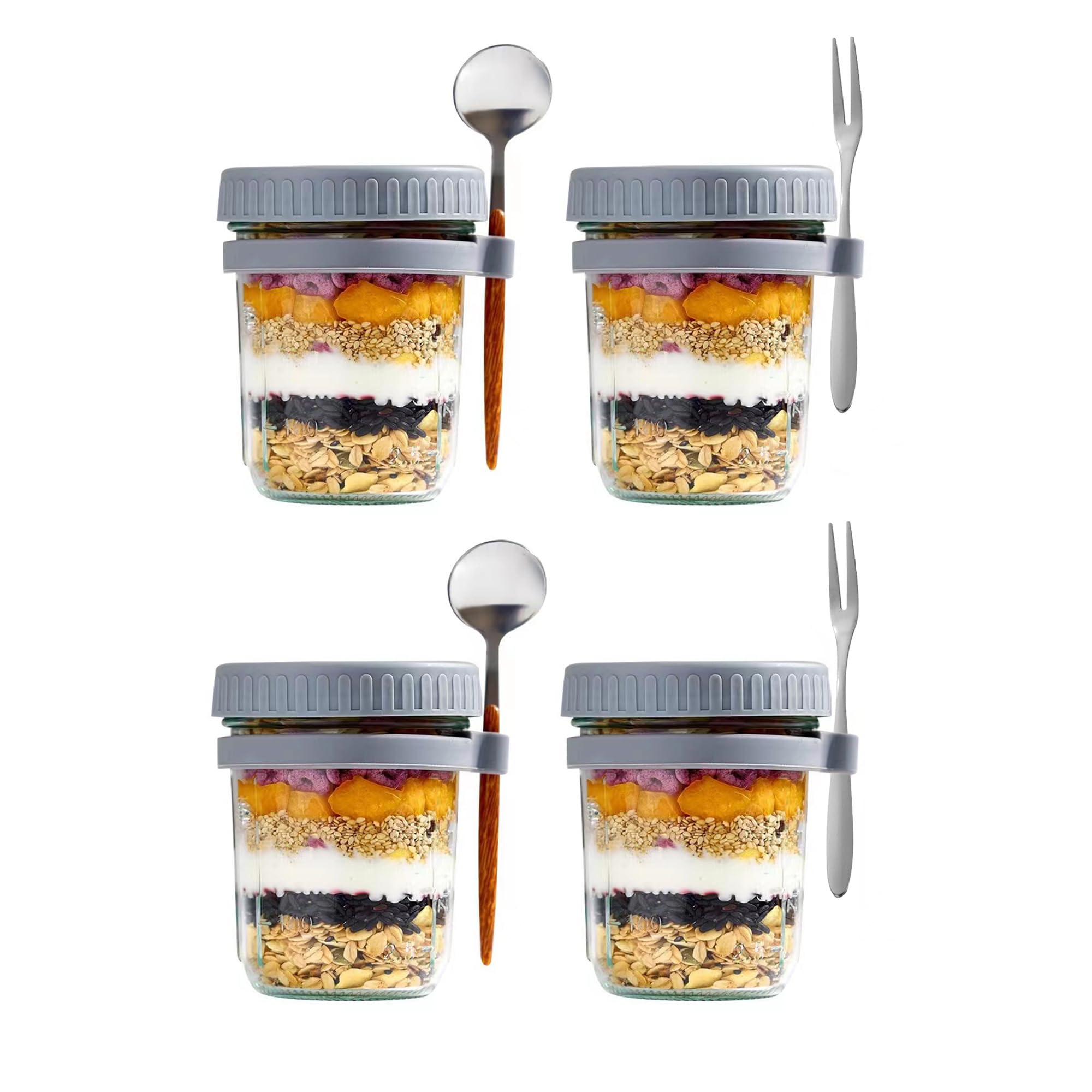 Photo 1 of ***missing 2*** MOFALA Wide Mouth Mason Jar, 16 ozMeal Prep Jars, Oatmeal Glass Container with Lid and Spoon, Salad Lunch Container with Volume Scale for Yogurt, Oatmeal Milk, Pickled Cucumbers (Gray, 4PCS)