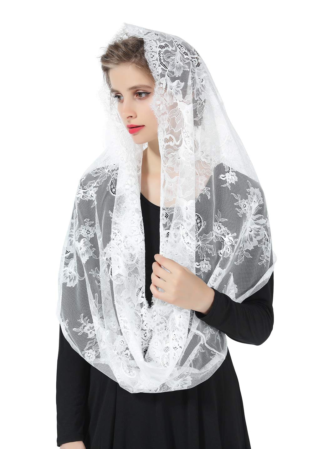BEAUTELICATE Infinity Mantilla Veil Catholic Church Latin Mass Holy Communion Religious Ceremony Head Cover Formal Lace Scarf Off White