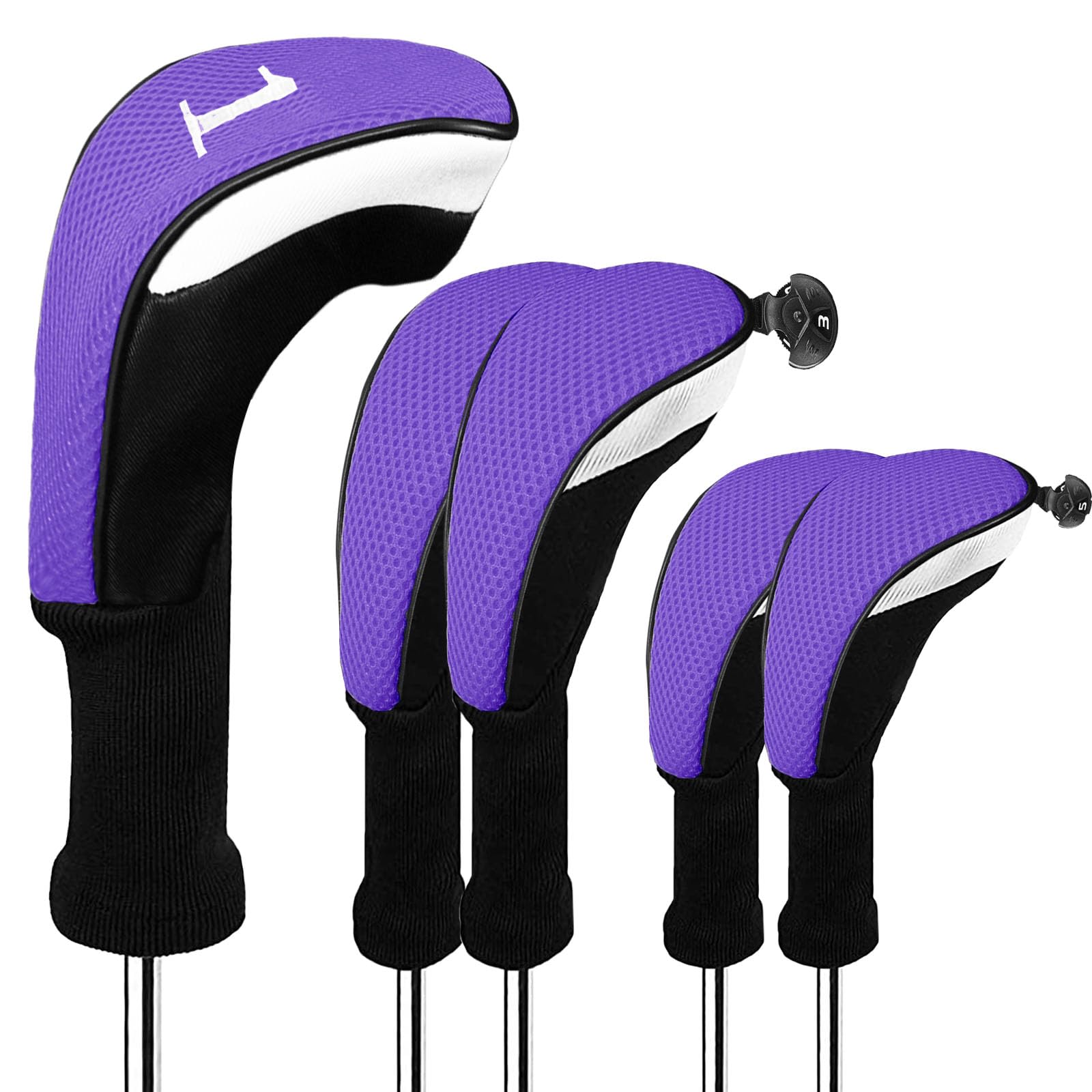 FINGER TEN Golf Club Head Covers for Woods Long Cover Driver Hybrid Fairway, Headcovers with Interchangeable No. Tag Novelty Durable Fit Woods Clubs (Purple-5 pack (1 Driver& 2 Fairway&2 Hybrid))