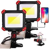 Easymaxx LED Rechargeable Work Light with Clamp, 2Pack 2100LM COB Magnetic Clip on Worklight 270° Rotating with Mobile Charger, Portable Clamp Work Light for Boats, Car Repairing, Job Site Lighting