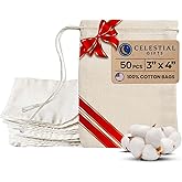Celestial Gifts Muslin Bags - Drawstring - Small 50pcs - 3x4, Reusable Tea Bags, Jewelry Gift, Spice and Cotton Gift Sachet - 100% Cotton - Made in USA - (Natural Hem & Drawstring)