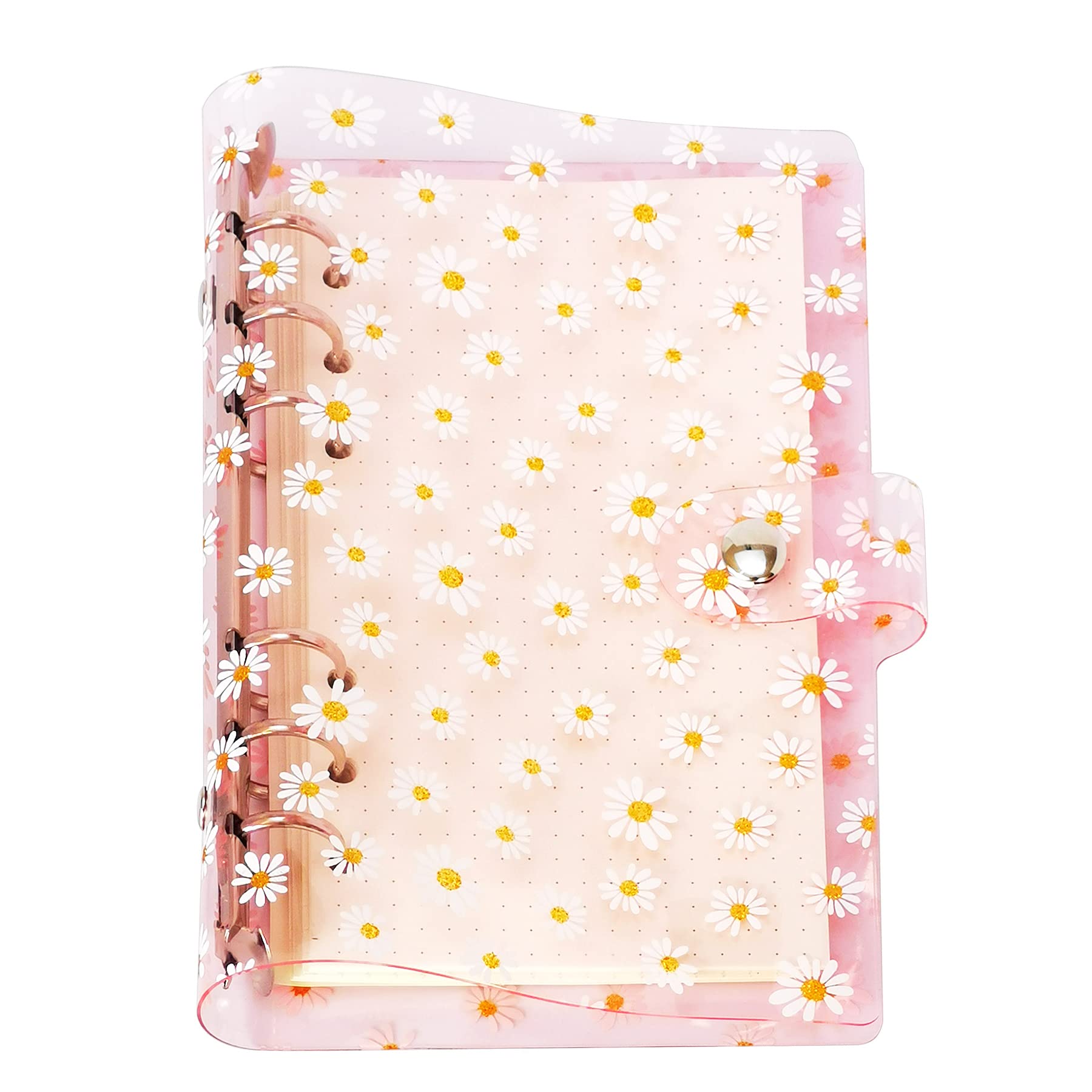 A6 A5 6-Holes Colorful PVC Cover Round Ring View Binder with Snap Button Closure File Folder (Little Pink Daisy, A6 mini Set)