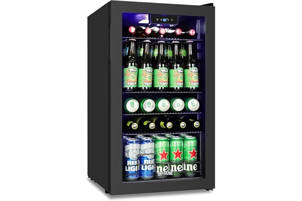 ORYMUSE 3.2 Cu.Ft Beverage Refrigerator, 130 Can Mini Fridge with Glass Door & Digital Temperature Control, Compressor Cooling Freestanding Cooler for Soda, Beer, Wine, Home, Office & Bar - Black