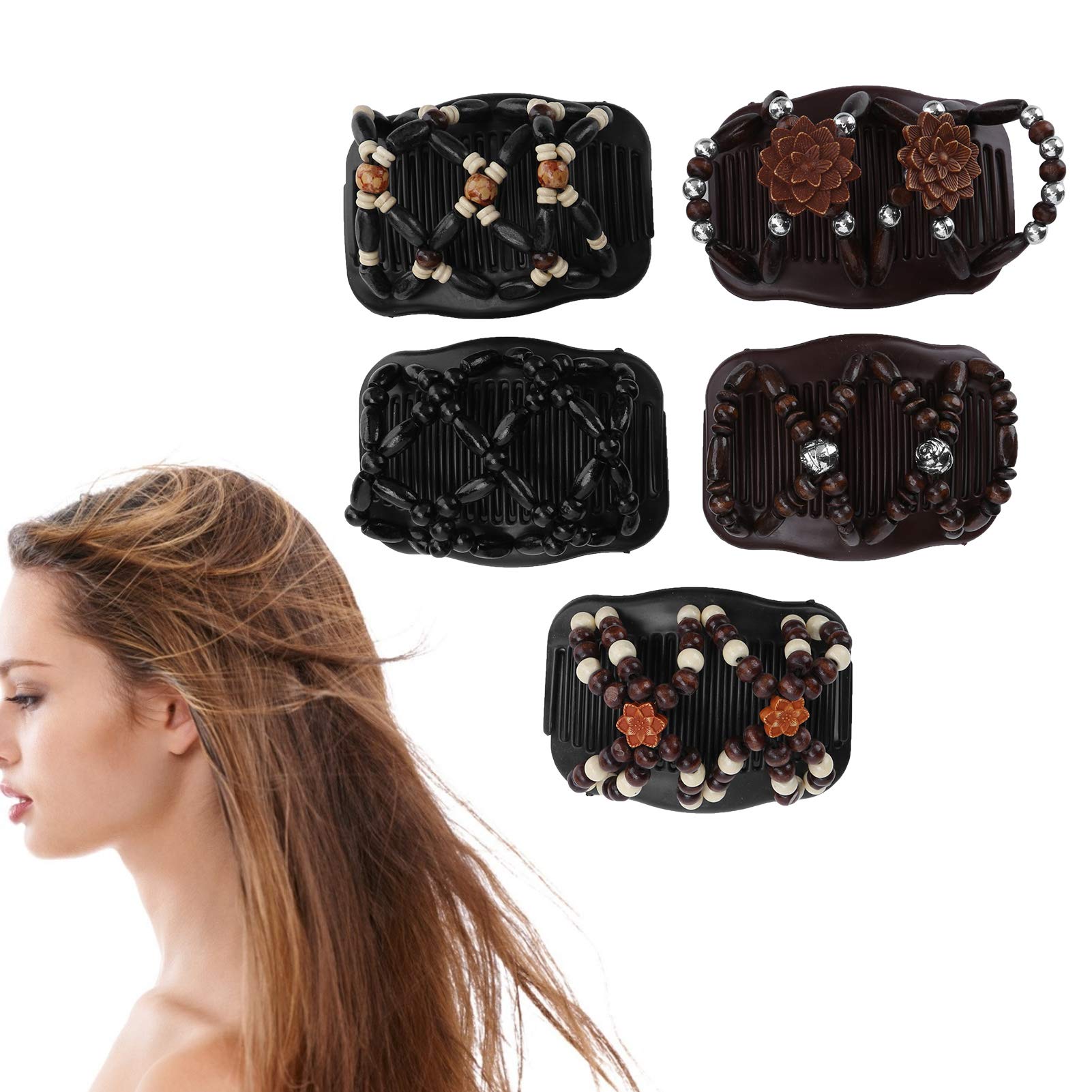 5pcs Magic Hair Comb Clip, Wood Beads Double Hair Comb Clip Stretchy Hair Side Combs Clips Hair Accessories Hair Styling Tool for Wowen Girls