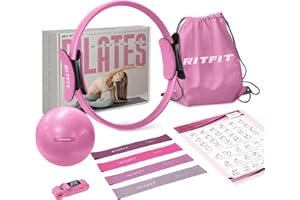 RitFit Pilates Kit - 14 Inch Pilates Ring Magic Circle with Pilates Ball, Resistance Bands & Yoga Strap, Pilates Equipment for Home Workout Toning Thighs, Arms and Core (Black/Pink)
