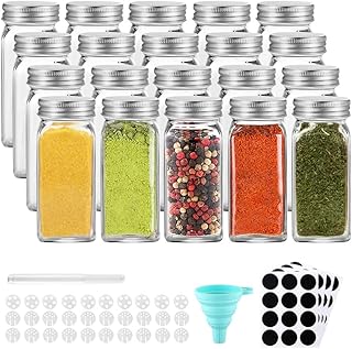 ecooe Gewürzflaschen 20x120ml Gewürzgläser mit Luftdicht Schraubkappe Quadratische Gewürzglas mit 1 Trichter&Stift 48 Schwarz Etiketten 10 Ersatzfilter Glas Aufbewahrung für Verschiedene Gewürze