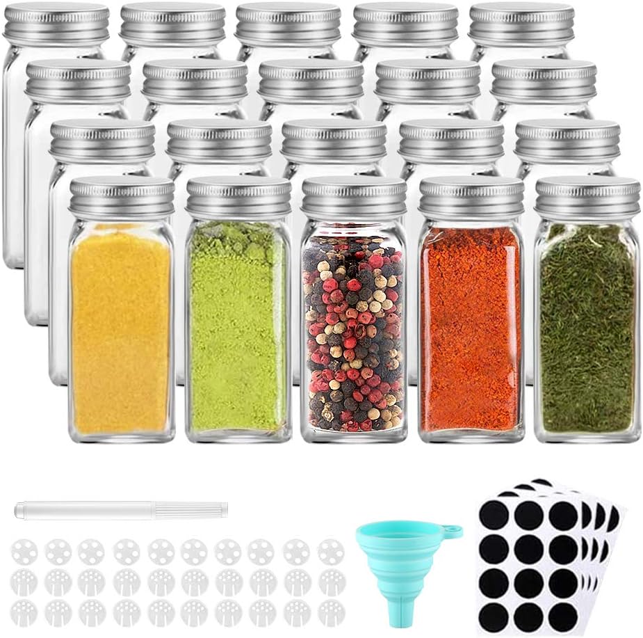 ecooe Gewürzflaschen 20x120ml Gewürzgläser mit Luftdicht Schraubkappe Quadratische Gewürzglas mit 1 Trichter&Stift 48 Schwarz Etiketten 10 Ersatzfilter Glas Aufbewahrung für Verschiedene Gewürze