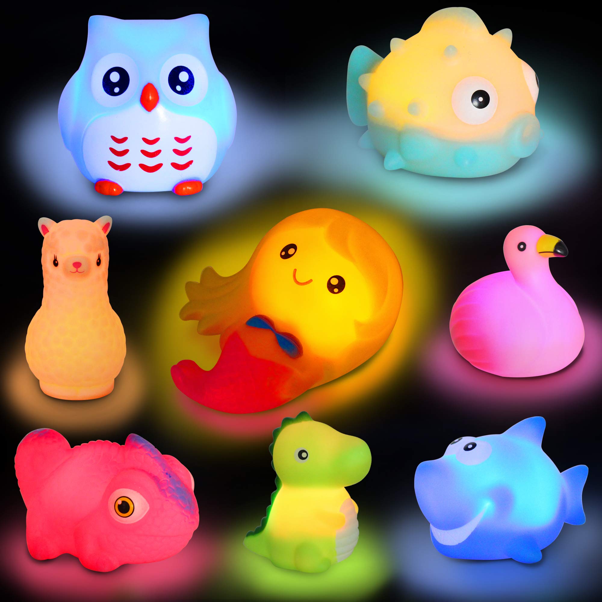 Animal Toy Bath Floating Toy with Auto Flashing Early Learning Toy Package with 8 Pcs Dinosaur Shark Flamingo Mermaid Bathtub Shower Toy Gift for Kids and Pets