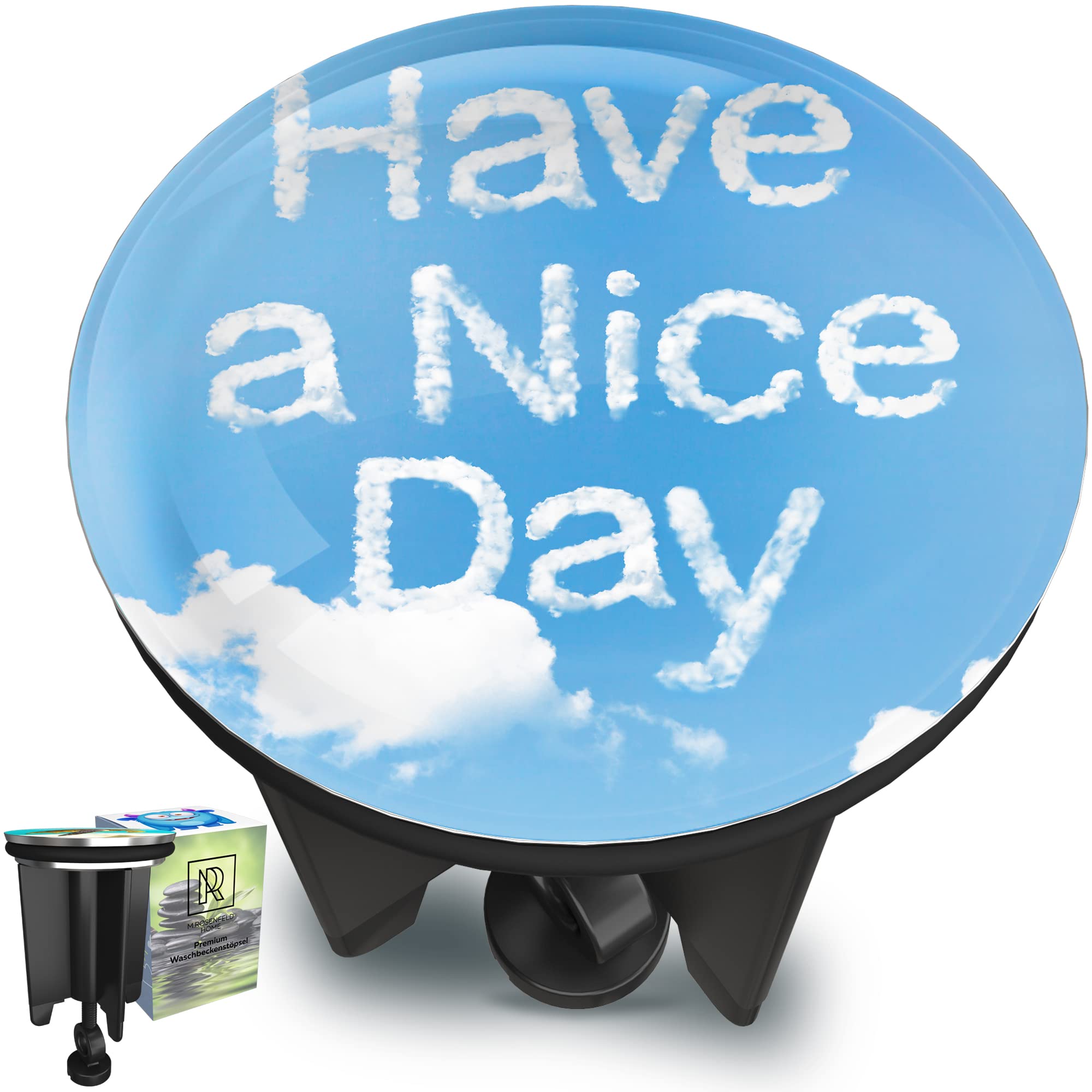 M. ROSENFELD HOME Universal Sink Plug 40 mm with Good Tag Motif - Good Day Chrome Drain Plug - Made of Brass, Universal with Rubber for Bathroom Sinks and Bidets - Excenter Plug