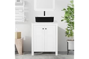 SOLIDEE 24 Inch White Bathroom Vanity with Marble Texture Top, Traditional Standing Pedestal Cabinet with White and Black Ceramic Sink