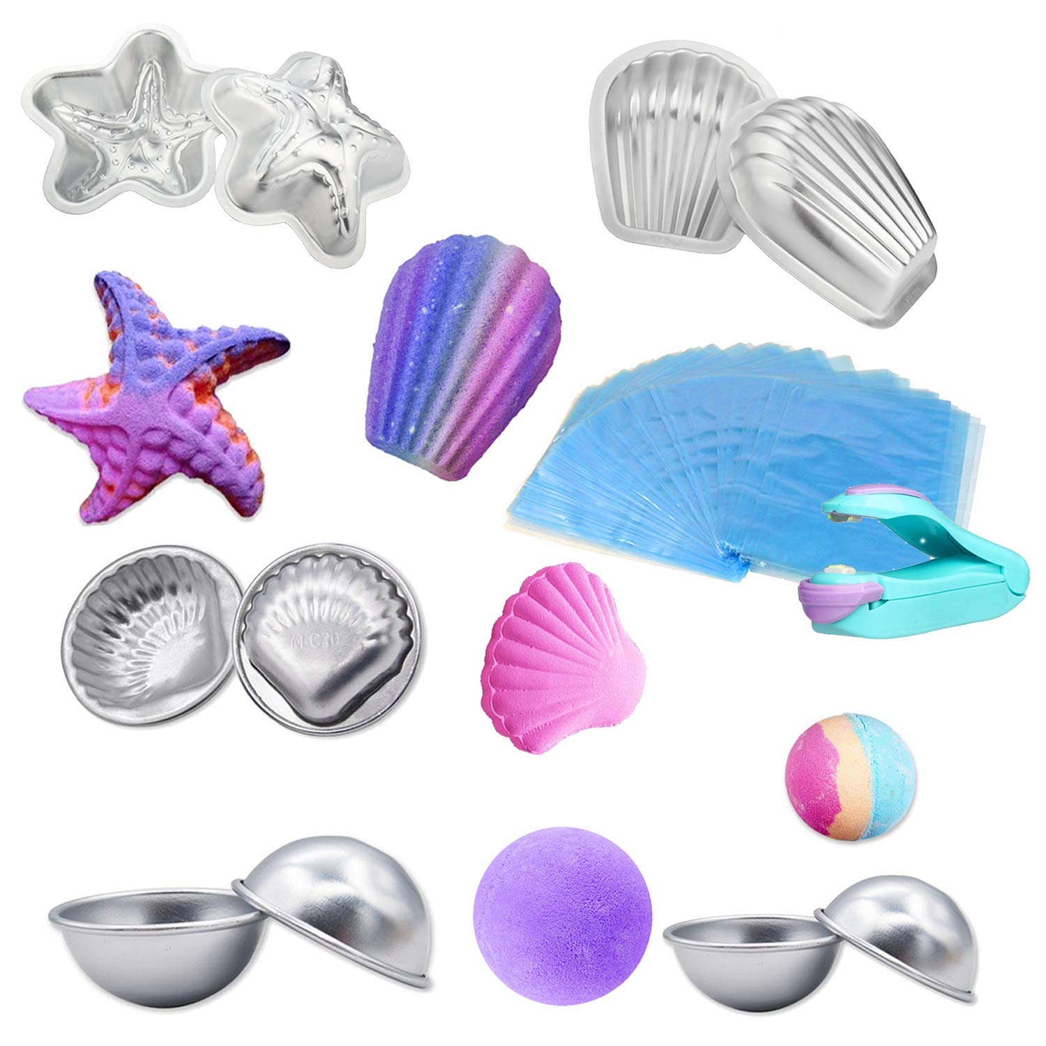 LAWOHO Metal Bath Bomb Mold DIY Handmade Soap Maker Kit Supplies 5 Set 10 Pieces with 100 Pieces Shrink Wrap Bags and 1 Pieces Mini Heat Sealer for Crafting your Own Fizzles