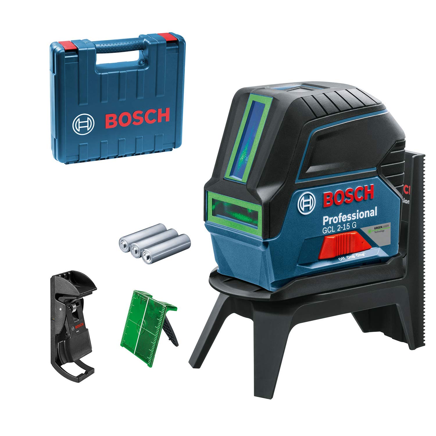 Bosch Professional cross line laser GCL 2-15 G (green laser,interior, with plumb points, working range: 15 m, 3 x 1.5 V batteries, rotating mount RM 1, laser target plate, carrying case)