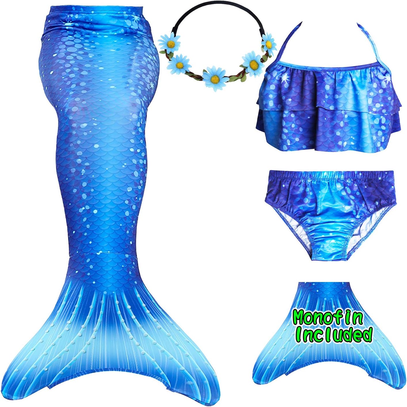 GALLDEALS Mermaid Tails for Swimming with Monofin for Girls Kids, Mermaid Tail Bathing Suit Bikini Set, Mermaid Tail Costume Cosplay