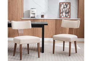 HNY Mid Century Modern Dining Chairs, Linen Fabric Upholstered and Curved Backrest Kitchen Chairs Set of 2, with Hardwood Frame, Beige