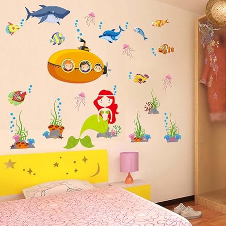 Wallpark Dibujos Animados Debajo Del Agua Mundo Mar Pez Delfin Sirena Desmontable Pegatinas De Pared Etiqueta De La Pared Bebe Ninos Hogar Infantiles Dormitorio Vivero Diy Decorativas Arte Murales Amazon Es Bebe