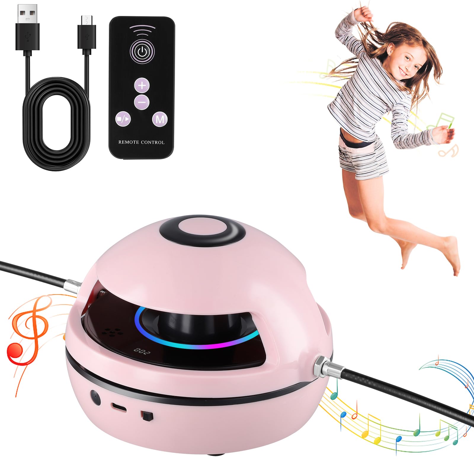Music Jump Rope Machine, Wireless Skipping Rope with Counter for Adults Kids, Smart Skipping Rope with Remote Control & 10 Speed Level/LED Screen/Colorful Light/Wireless Music Kids Gym Equipment, Pink