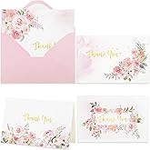 Crisky 4 Assorted Pink Gold Watercolor Floral Thank You Cards with Envelopes (50 Pack) & Stickers for Birthday, Baby Shower,Bridal Shower, Wedding, Graduation
