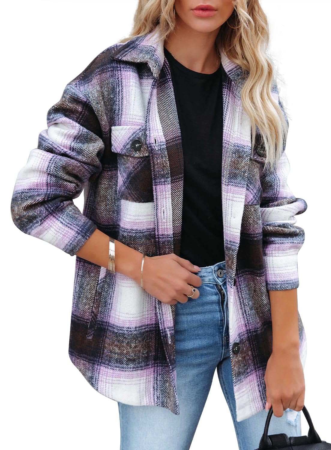 Beaully Women's Flannel Plaid Shacket 2025 Fall Outfits Long Sleeve Button Down Shirts Jacket Coats with Side Pockets